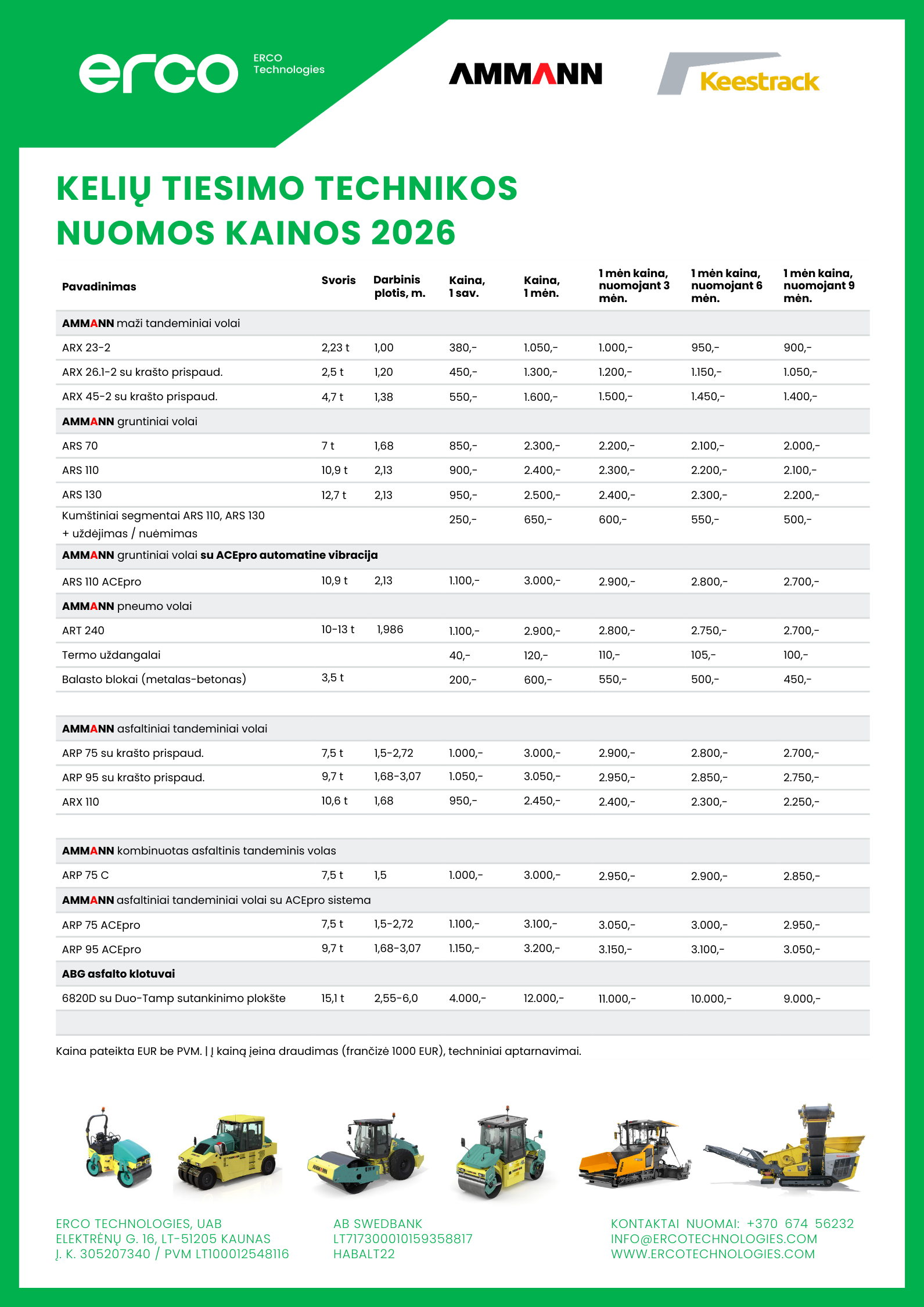 ERCO Technologies rental pricelist